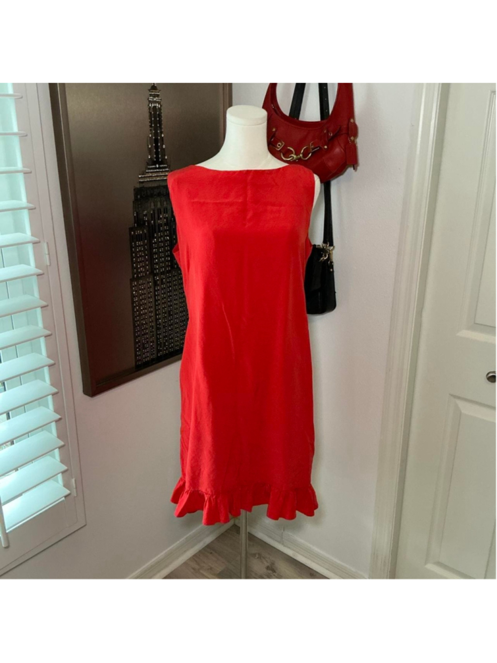 Vintage Maggie London Red 100% Silk Velvet Ruffle Dress Size 14